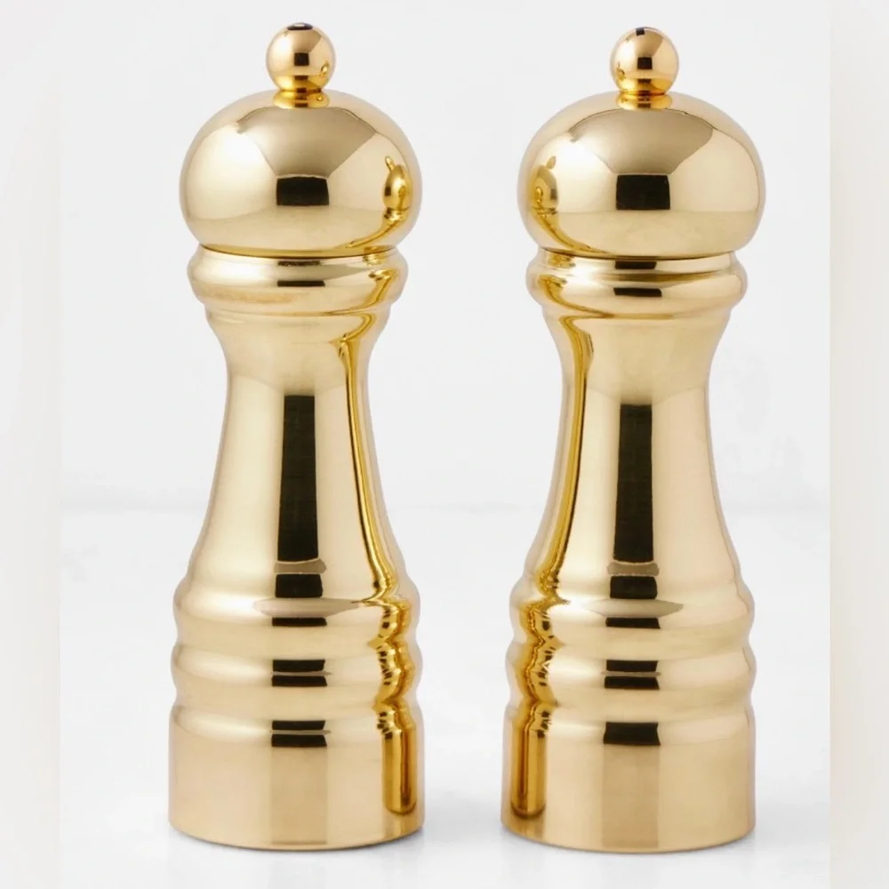 Williams Sonoma Polished Brass 6” Salt & Pepper Mills Set, NIB, Retail $249